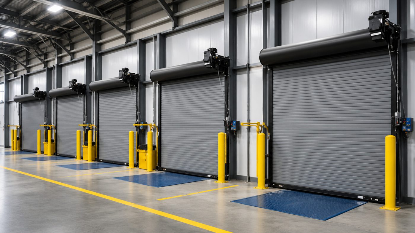 Row of aluminum roll shutters on commercial loading dock bays