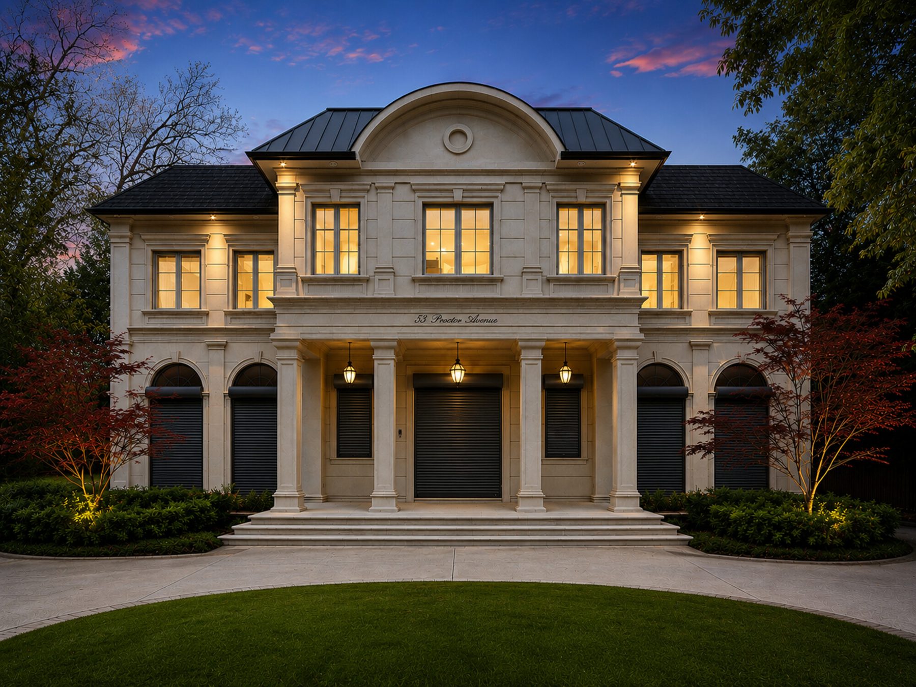 Stone home at dusk with aluminum security shutters closed over ground-floor windows and doors